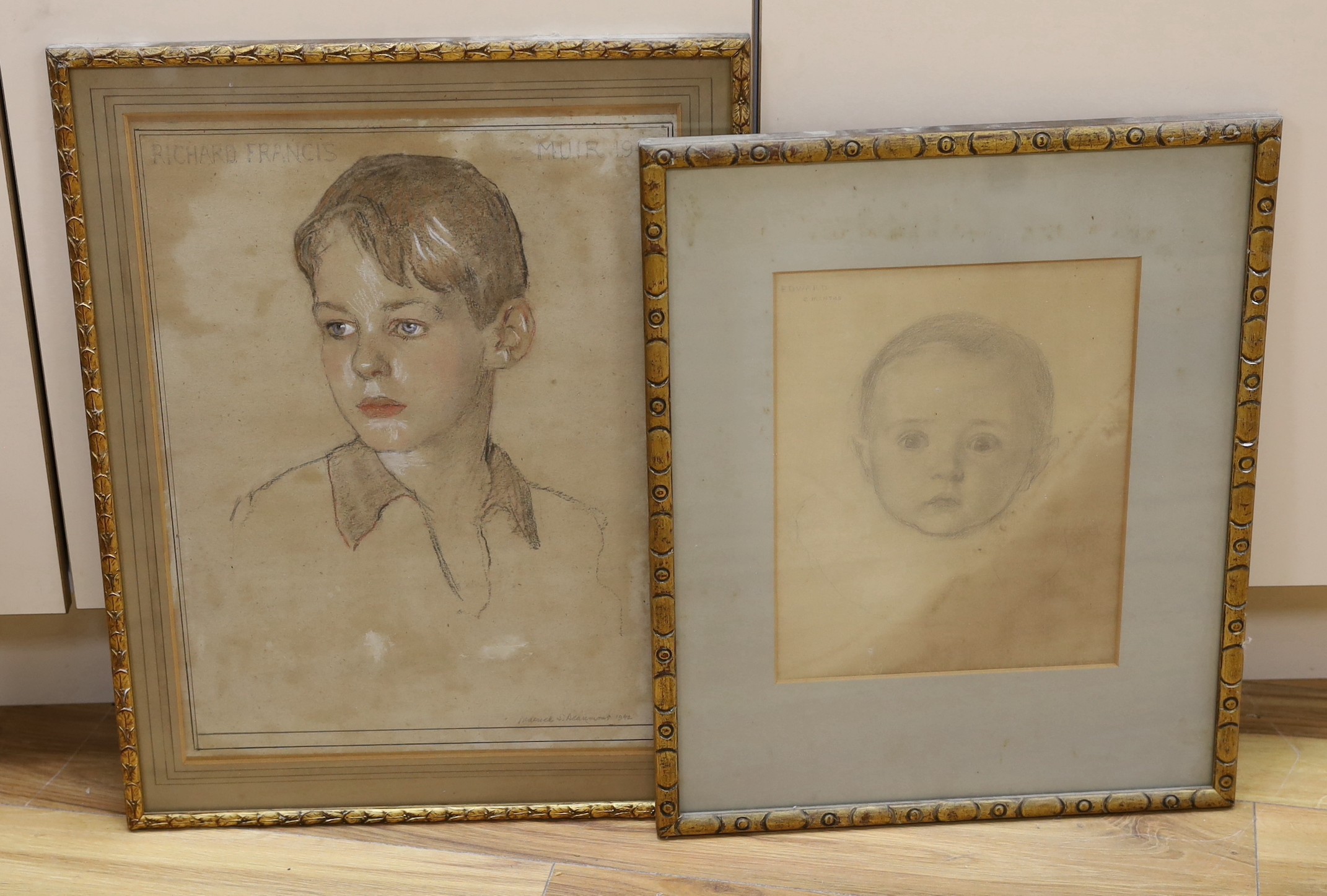 Frederick Samuel Beaumont (1861-1954), pastel and pencil sketches, two head study portraits, ‘Edward - 6 months’ and ‘Richard Francis - Muir 1945’, both signed and inscribed, largest 46 x 35cm